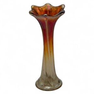 Antique Carnival Glass Bud Vase Iridescent Marigold 7.5" Tall Swirl Design